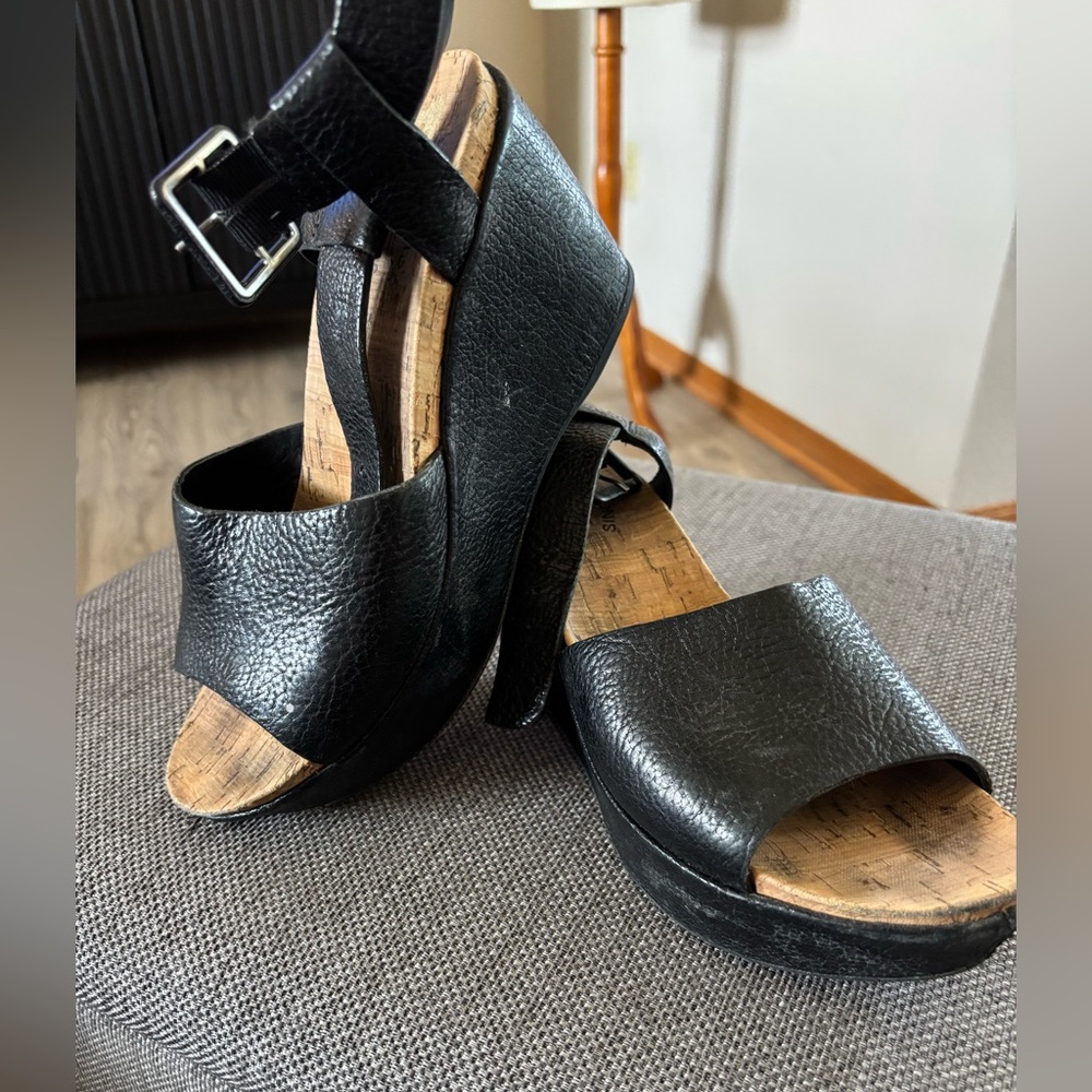 Women's Black Cork Wedge Sandals - Classic Open-Toe